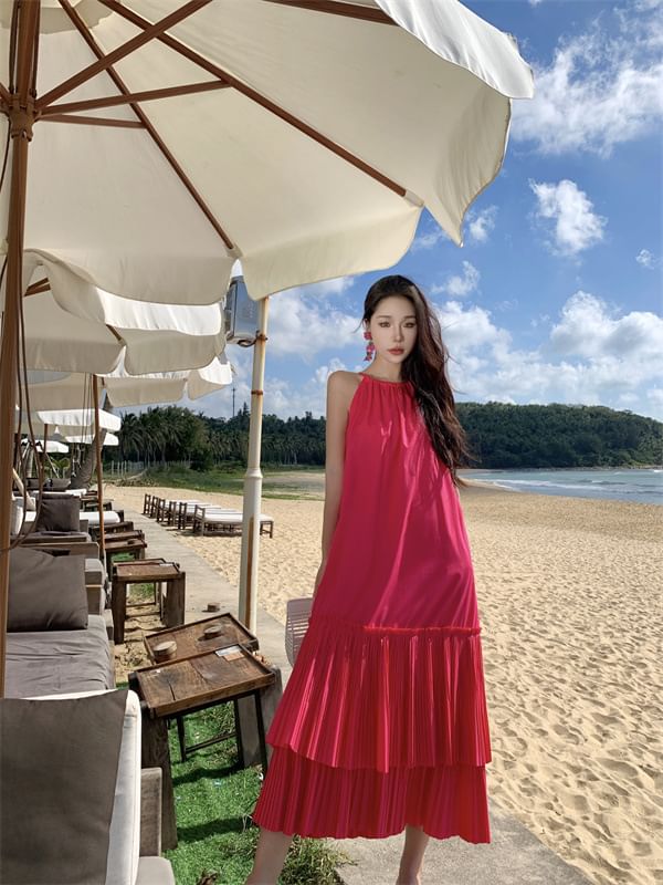 Sleeveless Dress Tiered Midi Plain