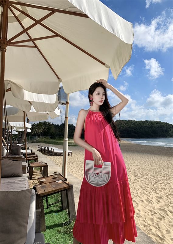 Sleeveless Dress Tiered Midi Plain