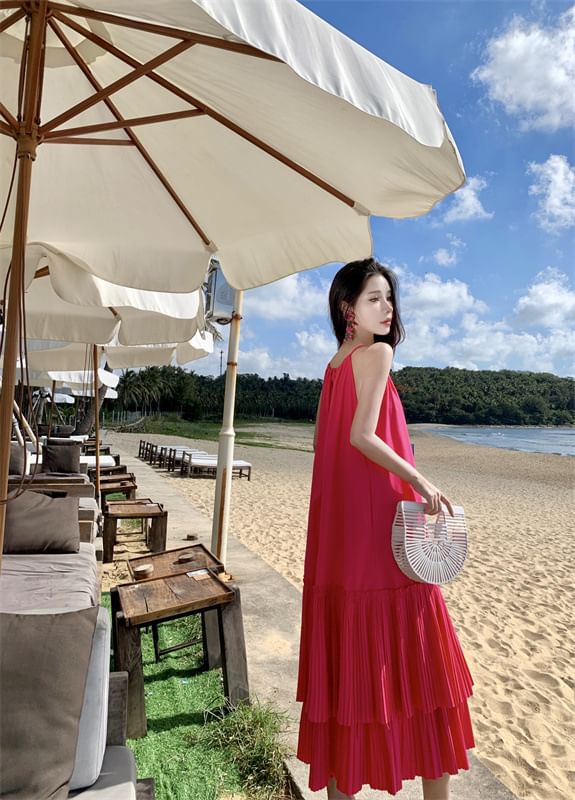 Sleeveless Dress Tiered Midi Plain