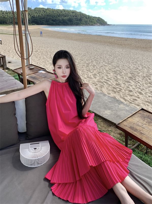 Sleeveless Dress Tiered Midi Plain