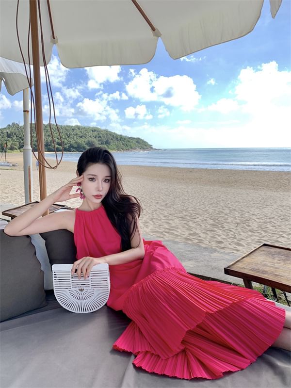 Sleeveless Dress Tiered Midi Plain