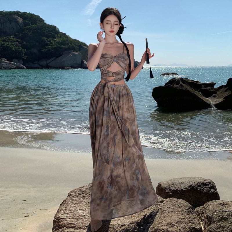 Set: A-Line Top Crop + Tie High Dye Maxi Skirt Waist Camisole