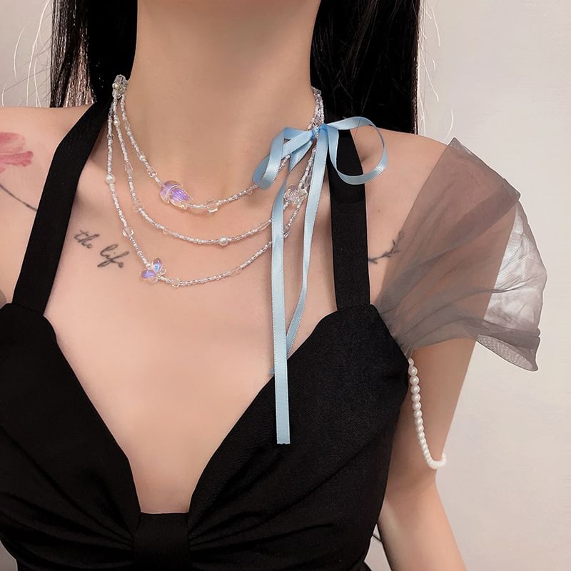 Butterfly Layered Ribbon Necklace Bead
