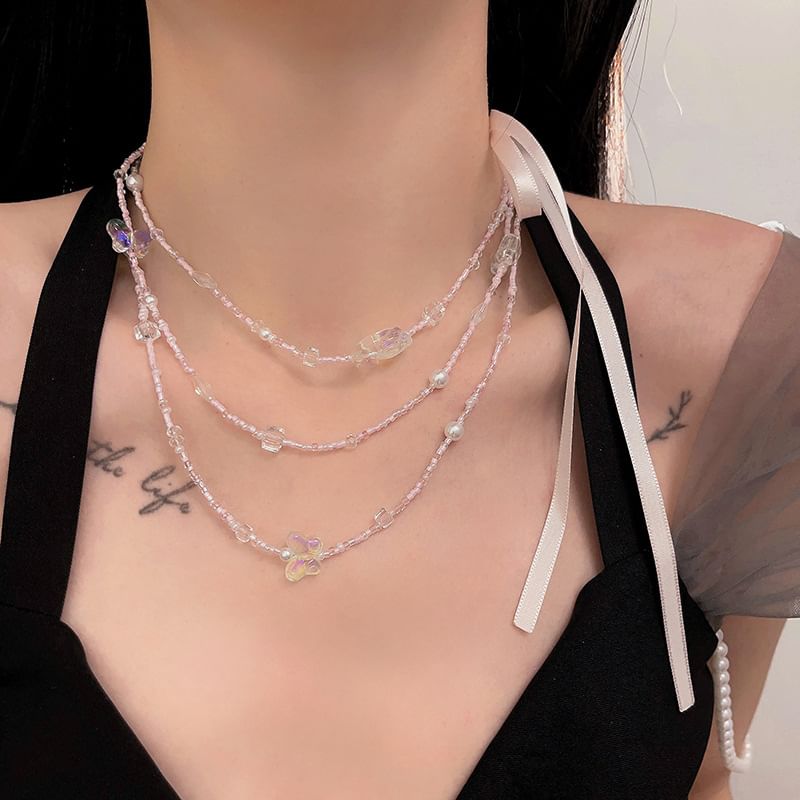 Butterfly Layered Ribbon Necklace Bead