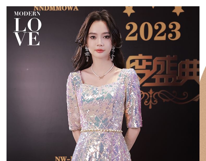 Neck A-Line Maxi Dress Elbow-Sleeve Scoop Iridescent