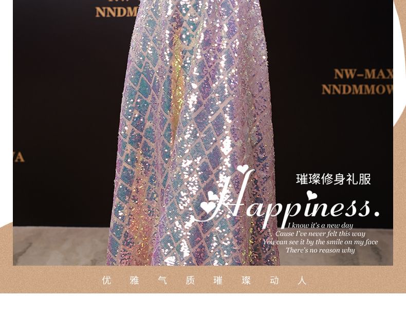 Neck A-Line Maxi Dress Elbow-Sleeve Scoop Iridescent