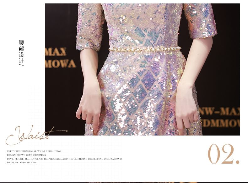 Neck A-Line Maxi Dress Elbow-Sleeve Scoop Iridescent