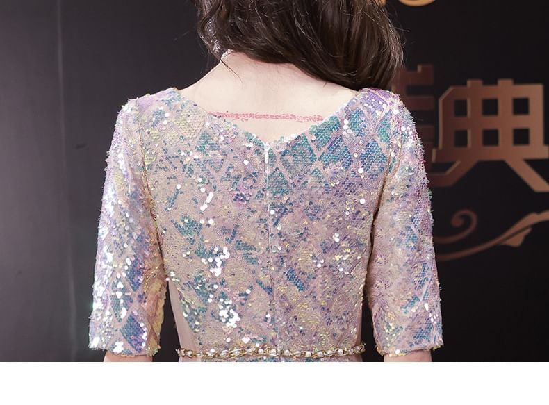 Neck A-Line Maxi Dress Elbow-Sleeve Scoop Iridescent