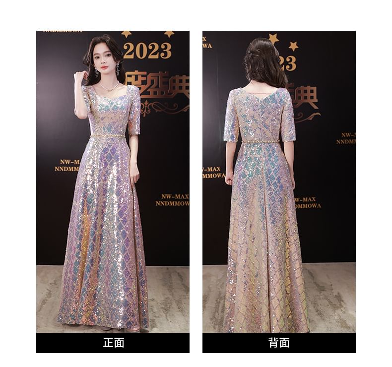 Neck A-Line Maxi Dress Elbow-Sleeve Scoop Iridescent