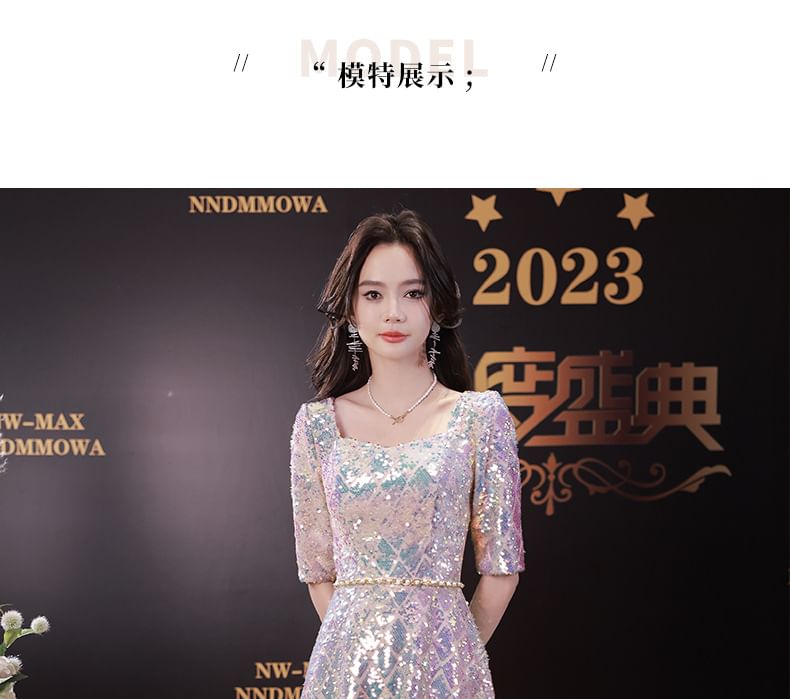 Neck A-Line Maxi Dress Elbow-Sleeve Scoop Iridescent