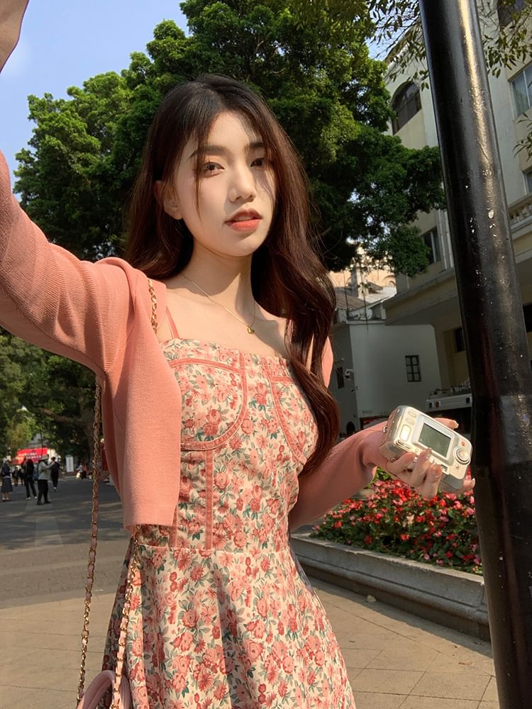 Spaghetti Print Neck Plain Open Mini A-Line Dress Cardigan Square / Floral Front Strap Crop