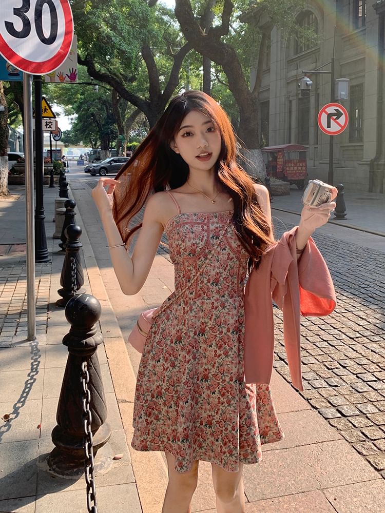 Spaghetti Print Neck Plain Open Mini A-Line Dress Cardigan Square / Floral Front Strap Crop