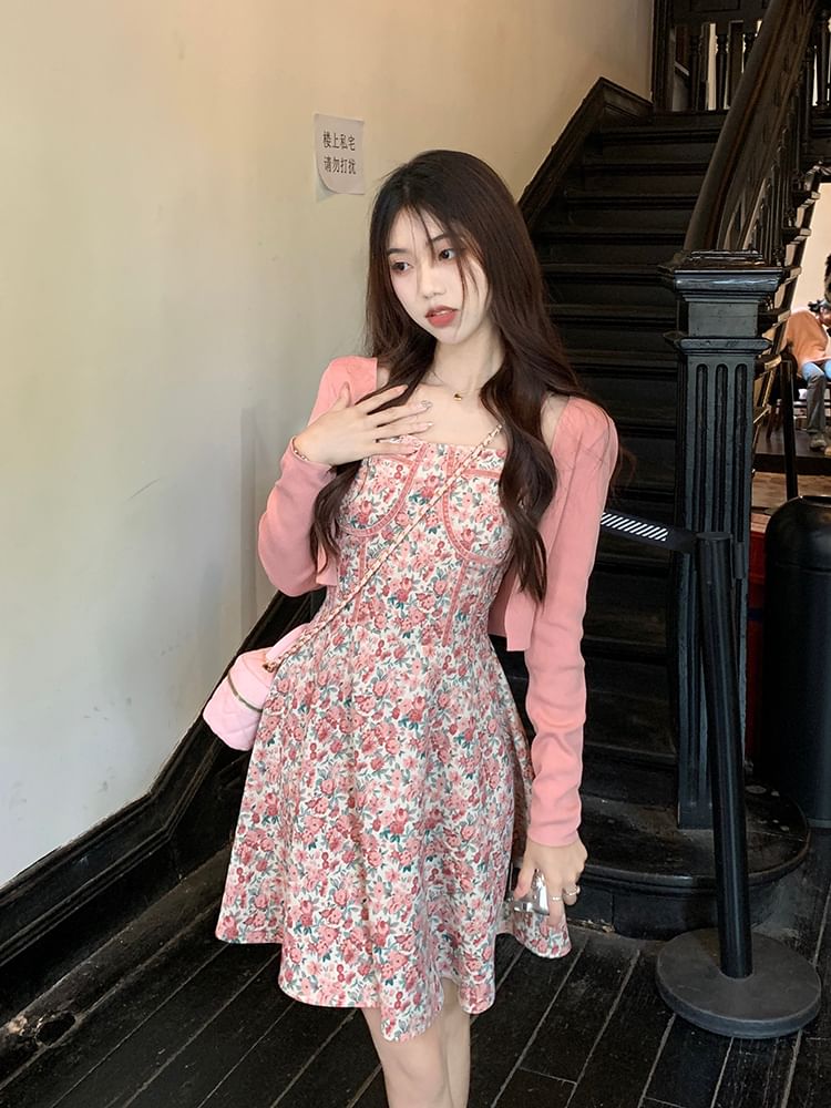 Spaghetti Print Neck Plain Open Mini A-Line Dress Cardigan Square / Floral Front Strap Crop
