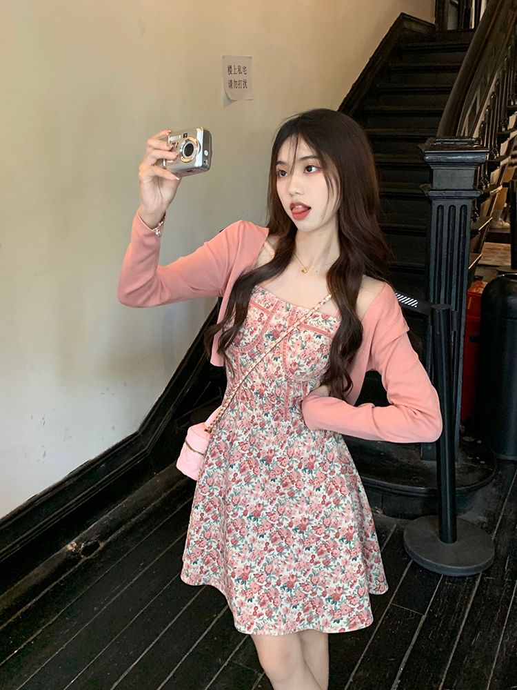 Spaghetti Print Neck Plain Open Mini A-Line Dress Cardigan Square / Floral Front Strap Crop