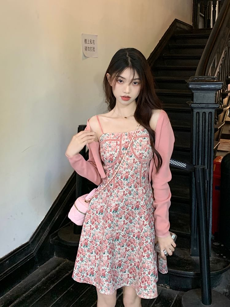 Spaghetti Print Neck Plain Open Mini A-Line Dress Cardigan Square / Floral Front Strap Crop