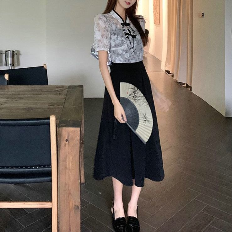 Set: A-Line + Midi Short-Sleeve Dress Floral Plain Blouse Spaghetti Strap