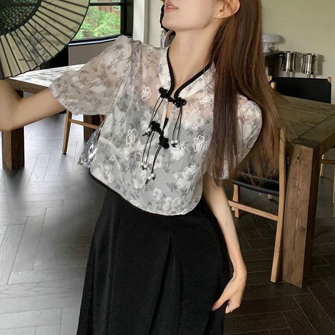 Set: A-Line + Midi Short-Sleeve Dress Floral Plain Blouse Spaghetti Strap