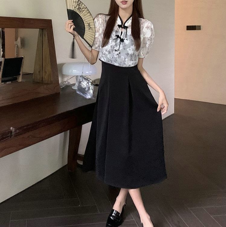 Set: A-Line + Midi Short-Sleeve Dress Floral Plain Blouse Spaghetti Strap