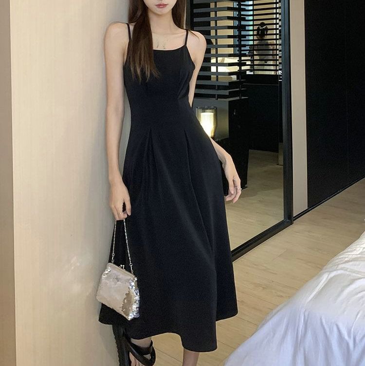 Set: A-Line + Midi Short-Sleeve Dress Floral Plain Blouse Spaghetti Strap