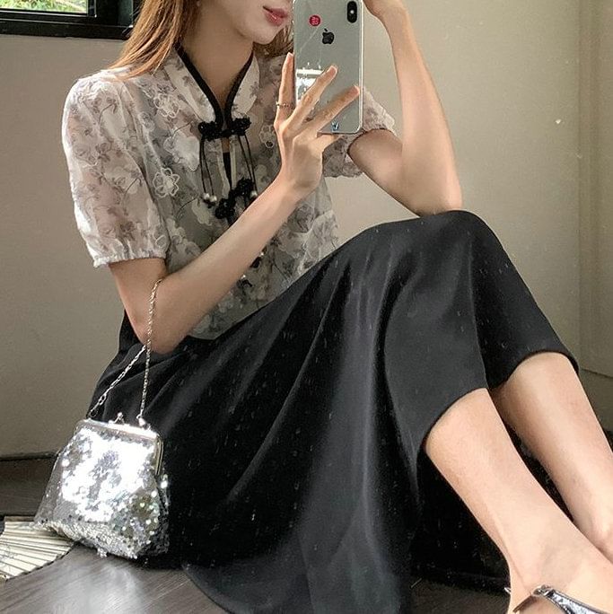 Set: A-Line + Midi Short-Sleeve Dress Floral Plain Blouse Spaghetti Strap