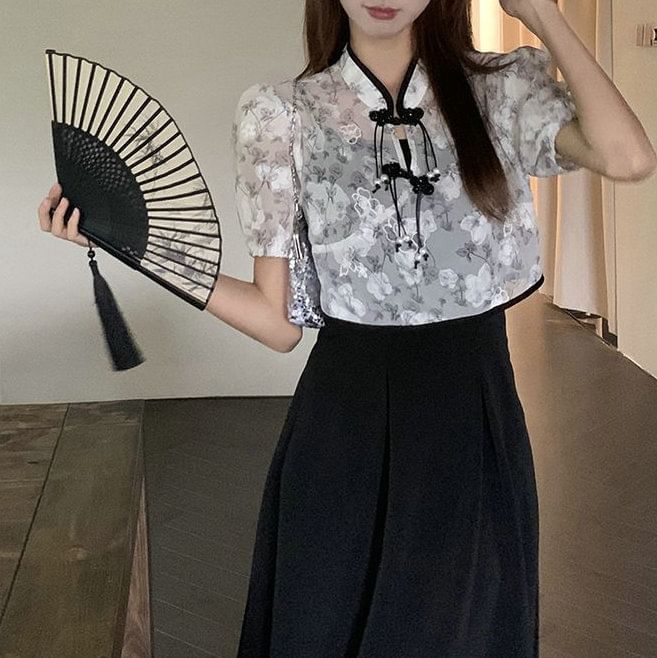 Set: A-Line + Midi Short-Sleeve Dress Floral Plain Blouse Spaghetti Strap