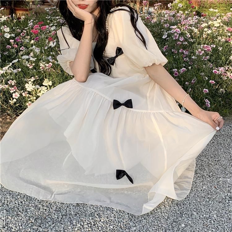 Plain Neck Midi Puff-Sleeve Sundress Square Bow