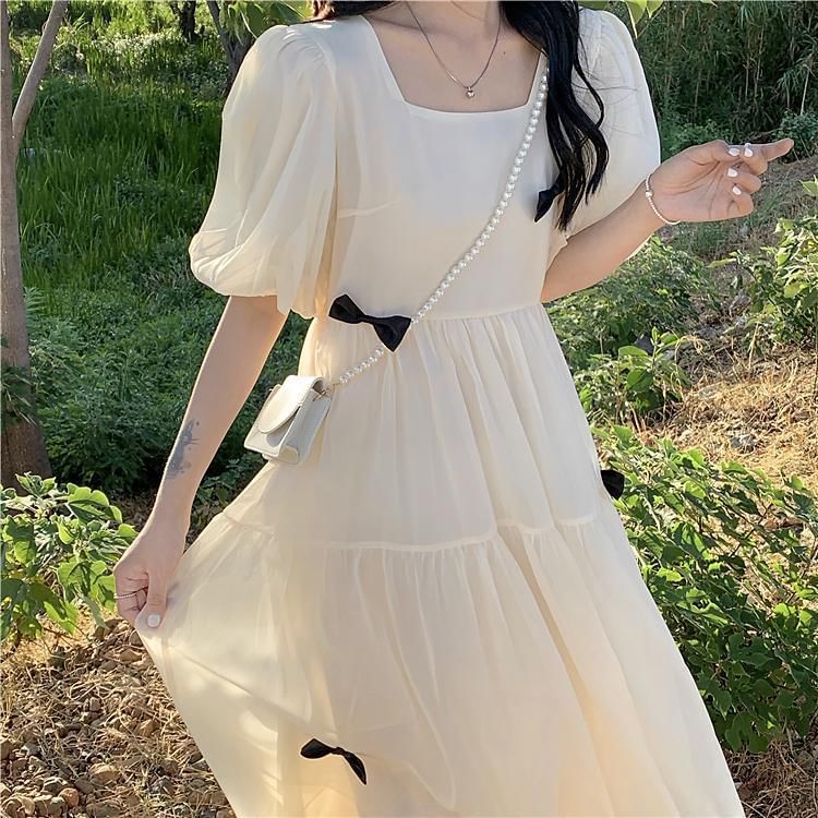 Plain Neck Midi Puff-Sleeve Sundress Square Bow