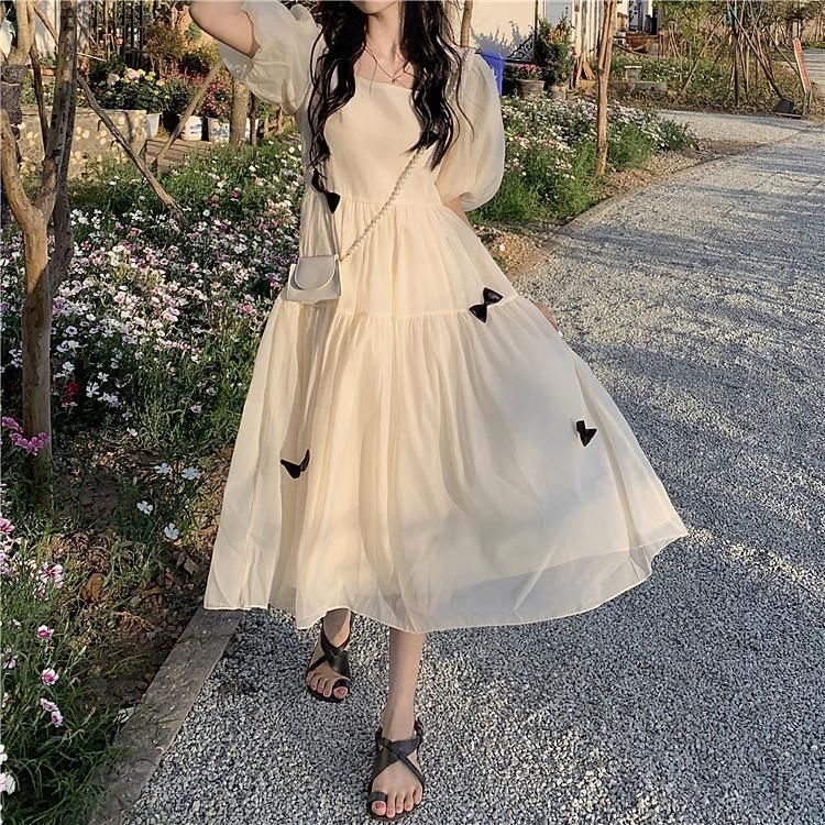 Plain Neck Midi Puff-Sleeve Sundress Square Bow