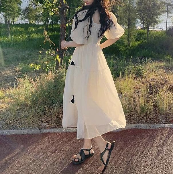 Plain Neck Midi Puff-Sleeve Sundress Square Bow