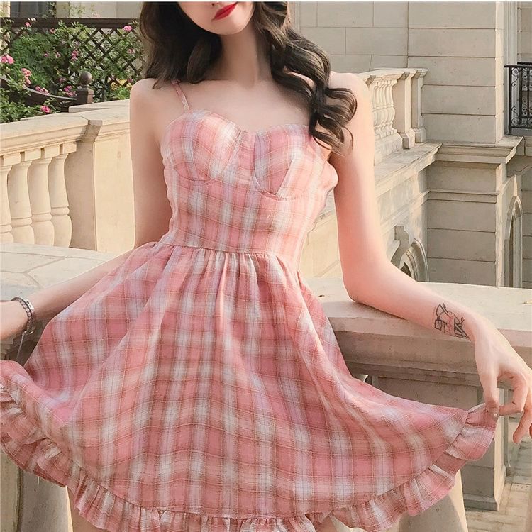 Spaghetti Mini A-Line Dress Ruffle Strap Plaid