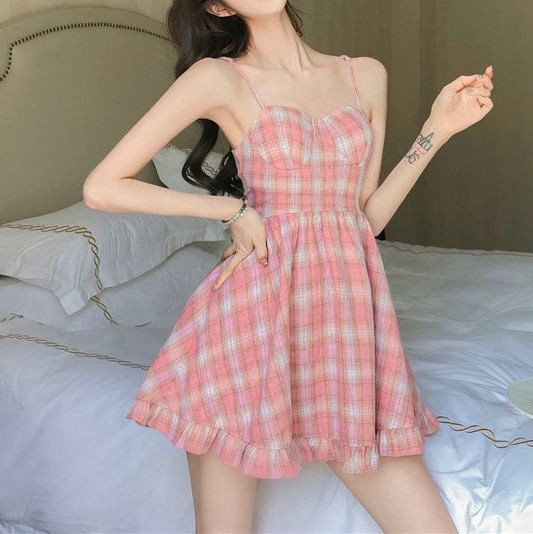 Spaghetti Mini A-Line Dress Ruffle Strap Plaid