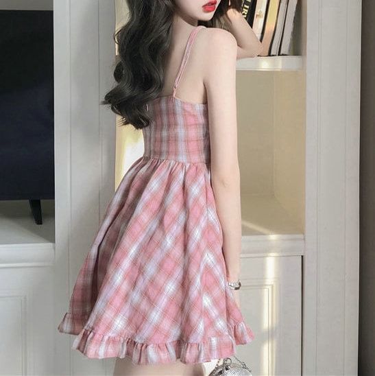Spaghetti Mini A-Line Dress Ruffle Strap Plaid
