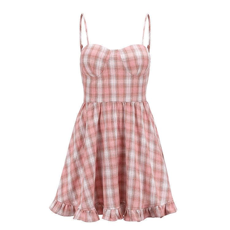 Spaghetti Mini A-Line Dress Ruffle Strap Plaid