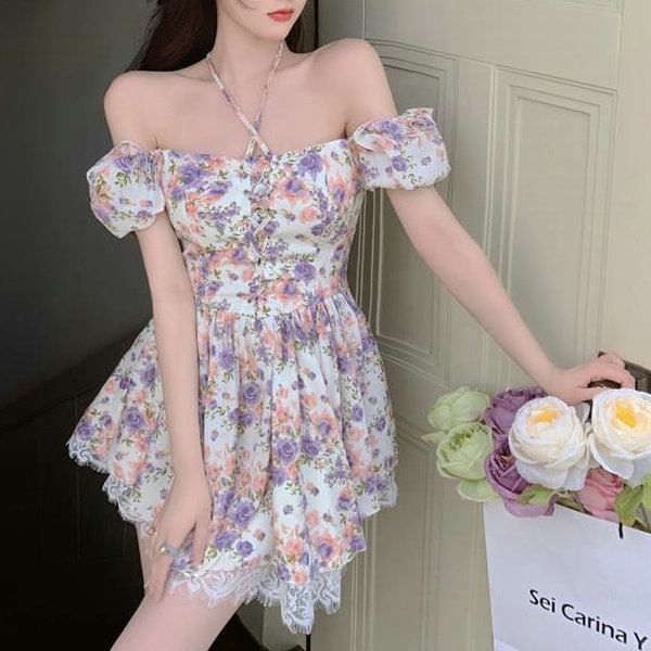 Dress Floral Lace A-Line Puff-Sleeve Lace-Up Trim Mini