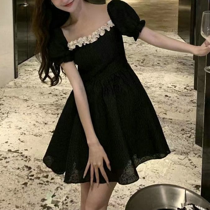 Square Neck Mini Ruffle Dress Plain A-Line Puff-Sleeve