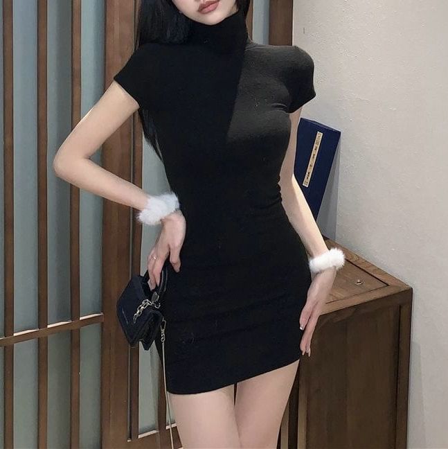 Plain Mini Dress Short-Sleeve Turtleneck Sheath