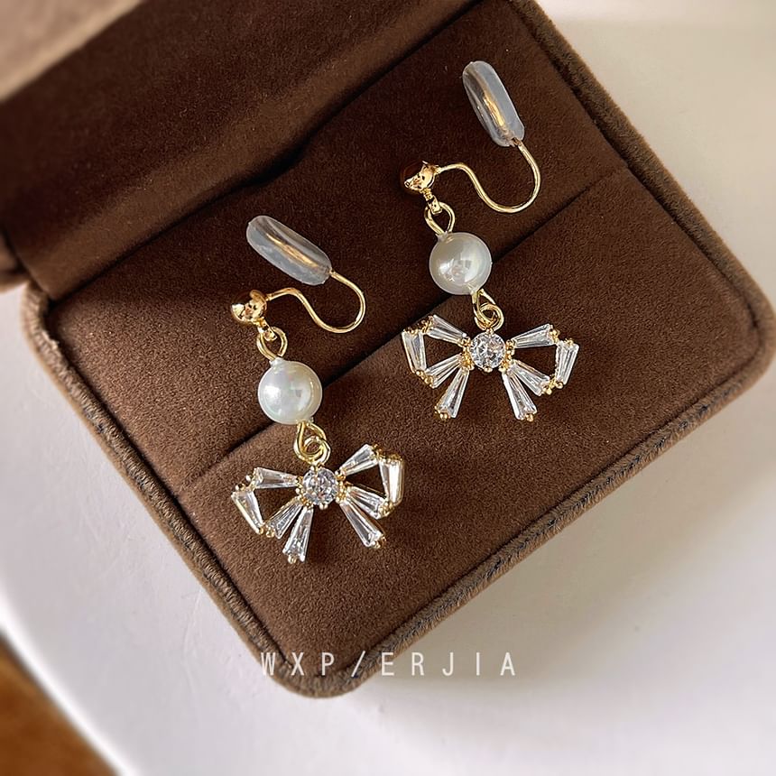 Pearl Earring Rhinestone Faux Bow Drop Alloy