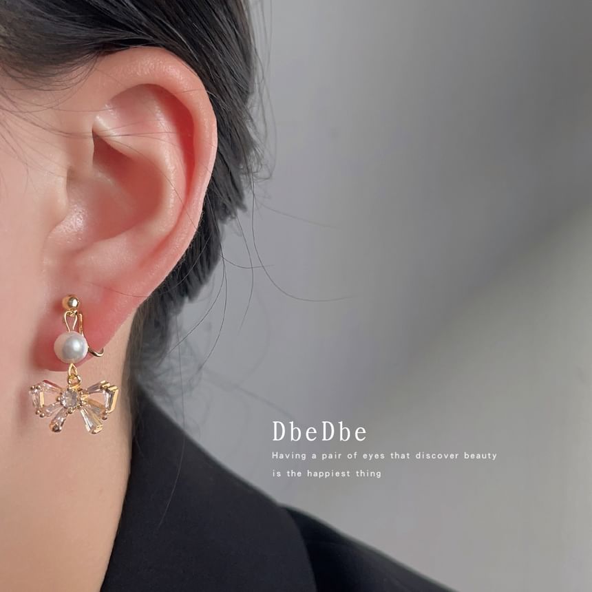 Pearl Earring Rhinestone Faux Bow Drop Alloy