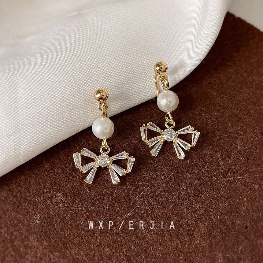 Pearl Earring Rhinestone Faux Bow Drop Alloy