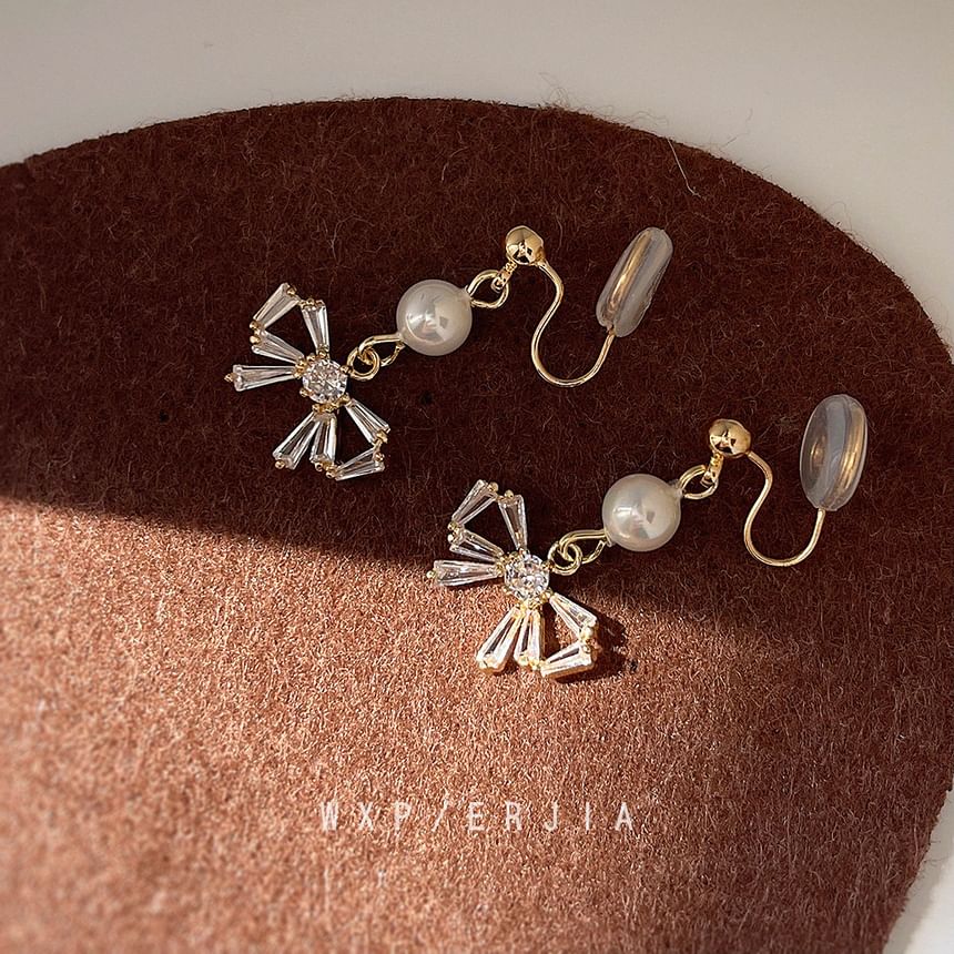 Pearl Earring Rhinestone Faux Bow Drop Alloy