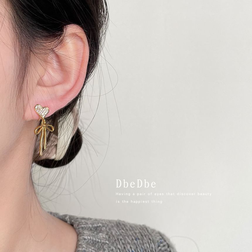 Drop Rhinestone Earring Bow Heart Asymmetrical Shell Alloy