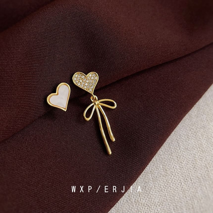 Drop Rhinestone Earring Bow Heart Asymmetrical Shell Alloy