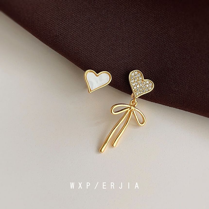 Drop Rhinestone Earring Bow Heart Asymmetrical Shell Alloy