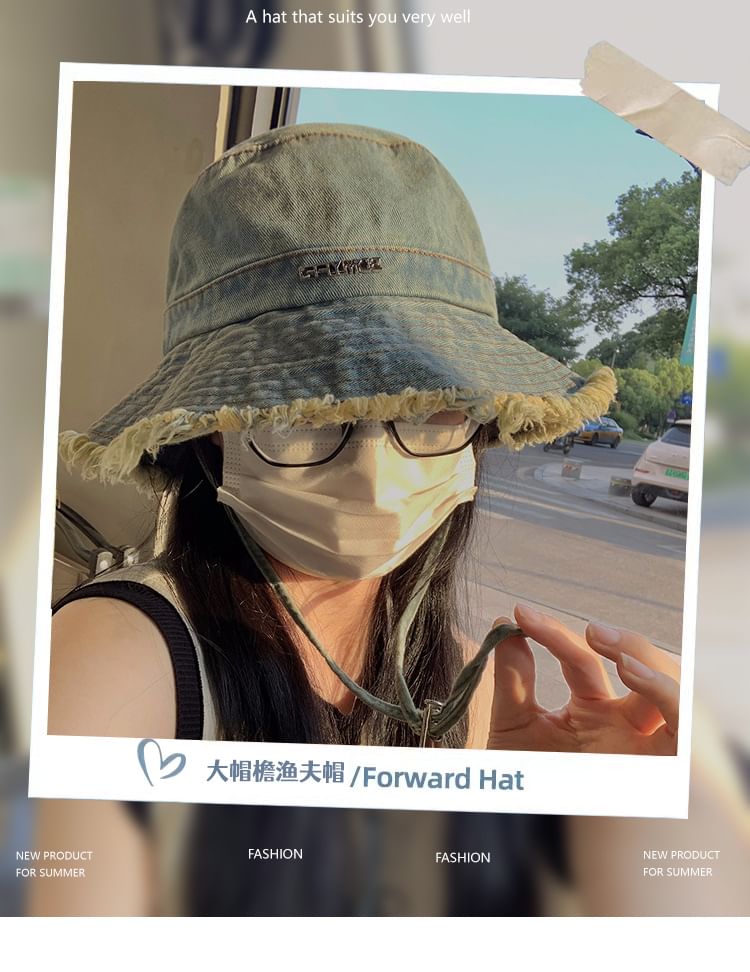 Denim Bucket Fringed Lettering Hat