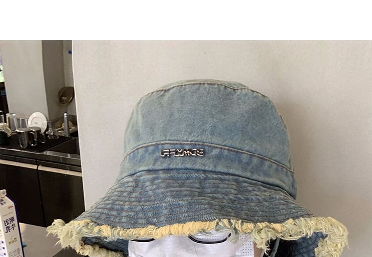 Denim Bucket Fringed Lettering Hat