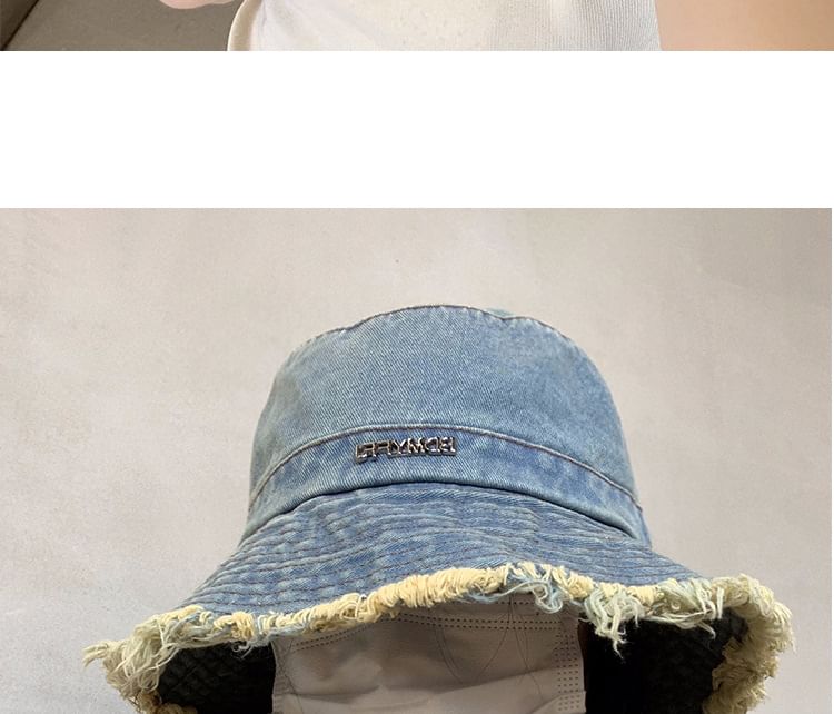 Denim Bucket Fringed Lettering Hat