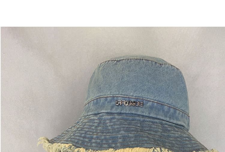 Denim Bucket Fringed Lettering Hat