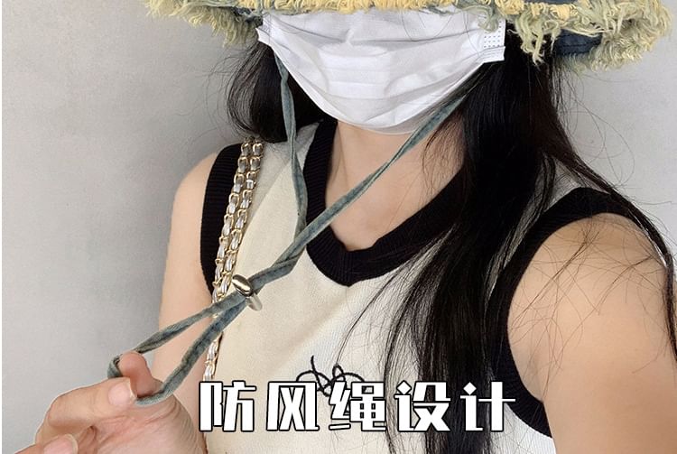 Denim Bucket Fringed Lettering Hat