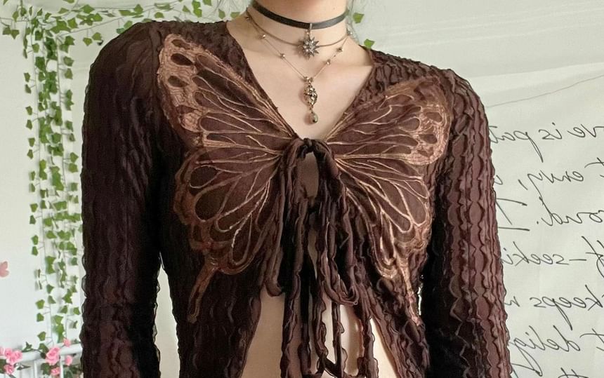 Print Top Long-Sleeve Butterfly V-Neck Crop Ribbon Front