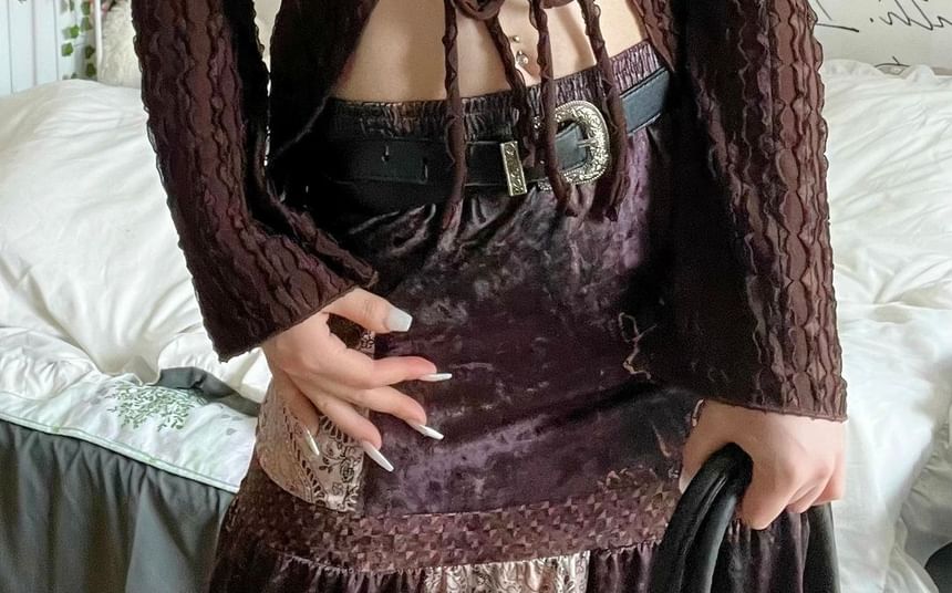 Print Top Long-Sleeve Butterfly V-Neck Crop Ribbon Front